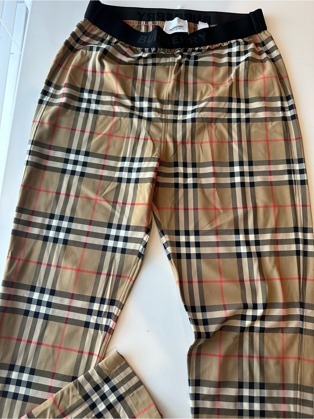 Burberry Beige Plaid Pants Tights with Black and Red Trim (Small )